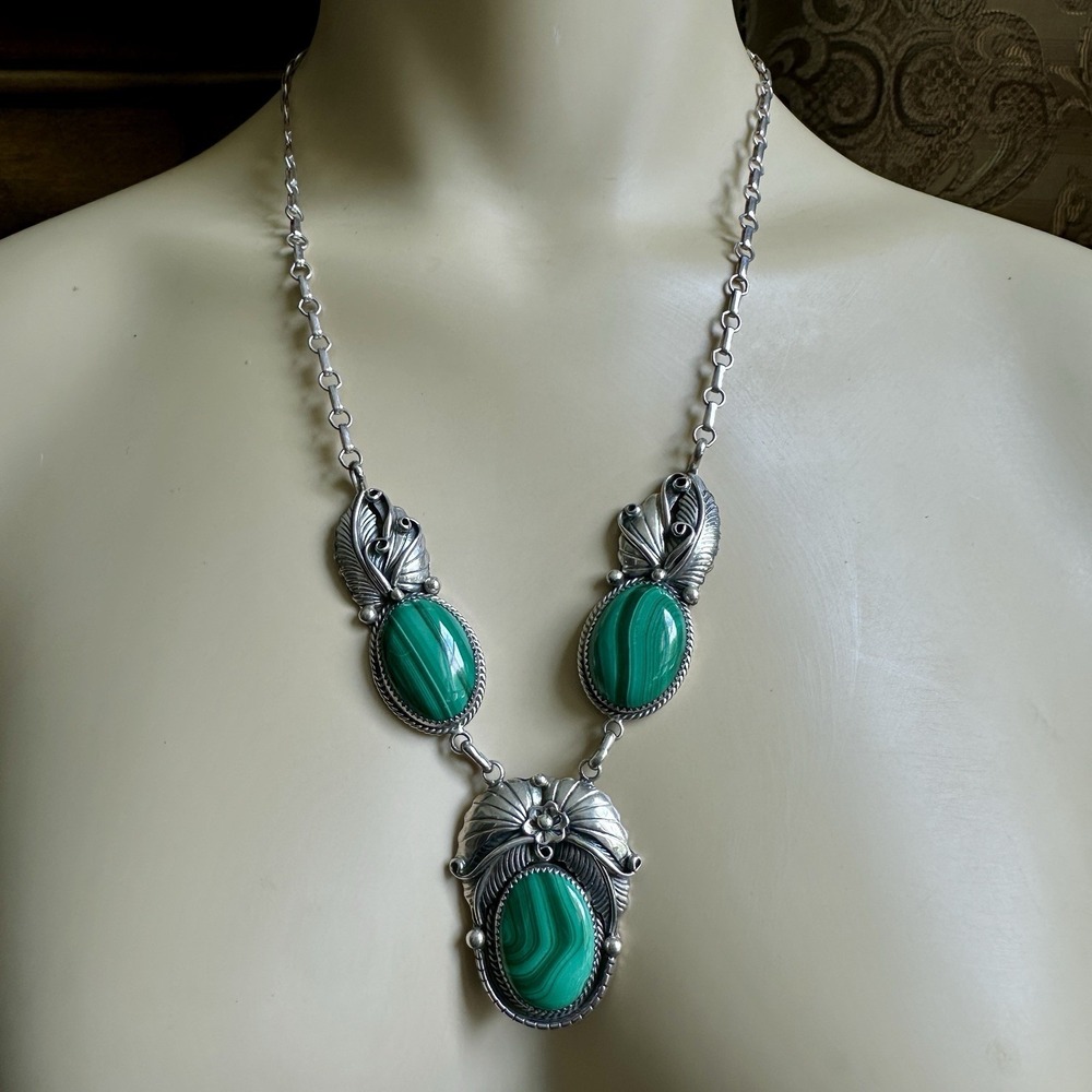 Navajo Artisan MP Pendant Necklace 24 Inch Malachite Gems 925 Sterling 59.1g